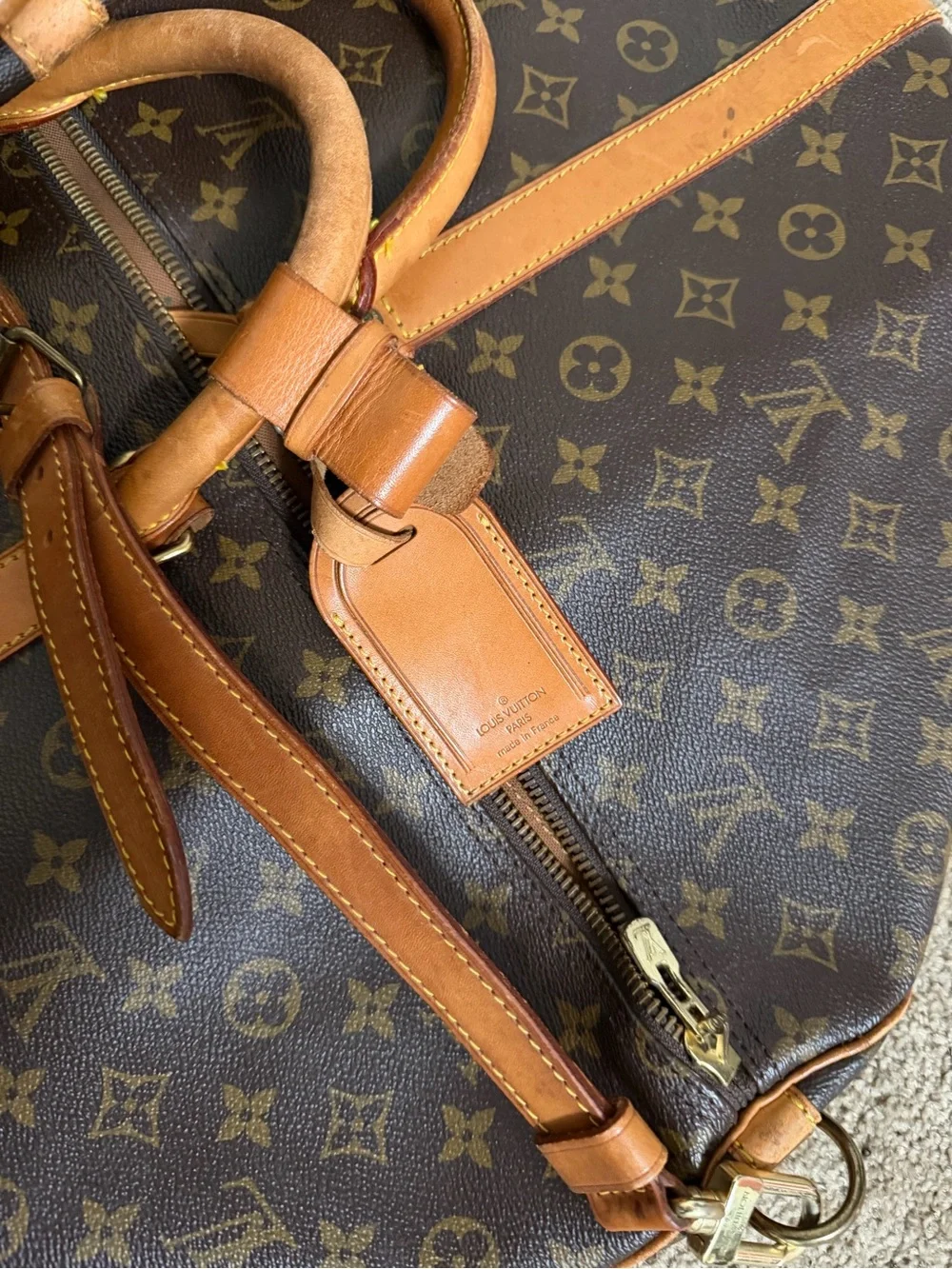 Louis Vuitton Brown Monogram Canvas Travel Duffel with Tan Leather Trim